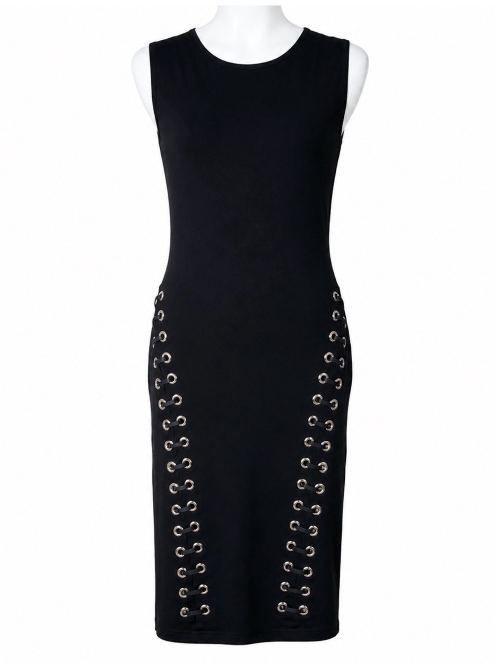 Carmen Marc Valvo Black Faux Leather Grommet Lace-Up Midi Dress L